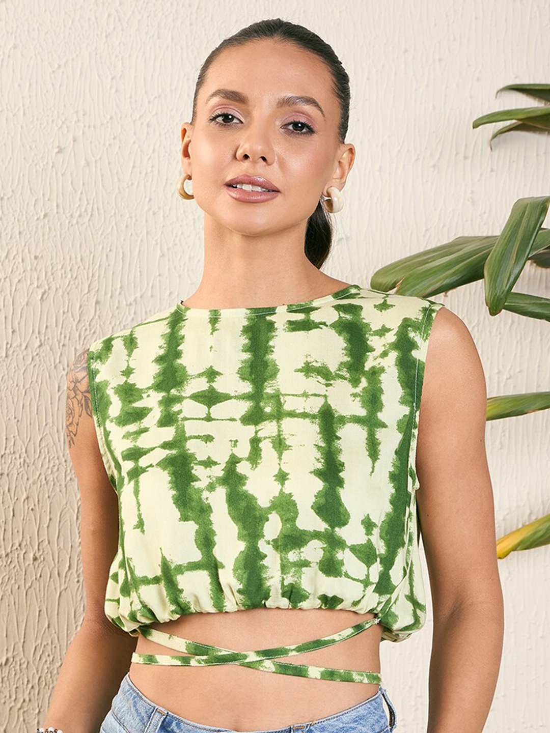 

Kibo Tie and Dye Blouson Crop Top, Green