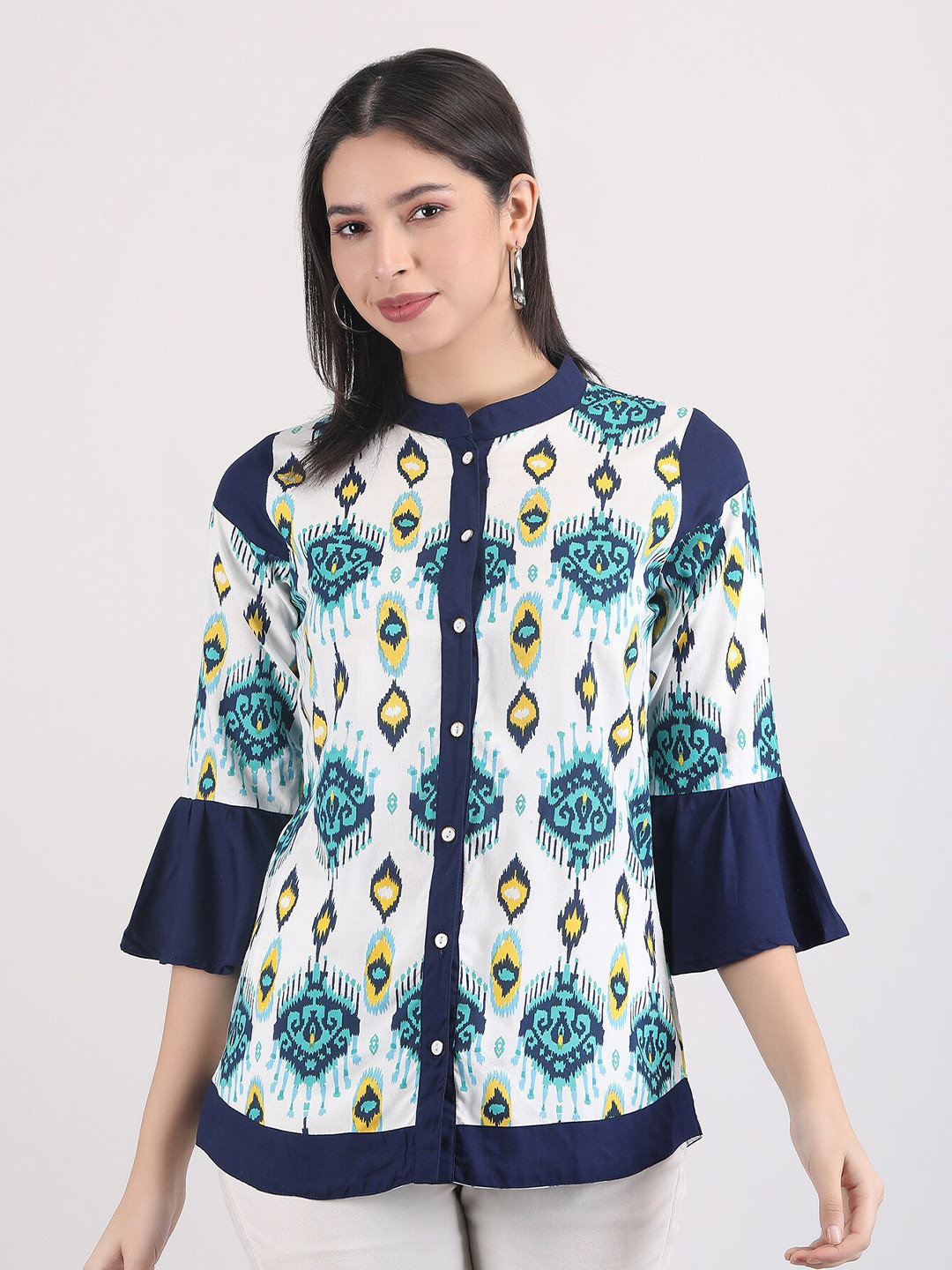 

MANKSH Ethnic Motifs Printed Bell Sleeves Top, Blue