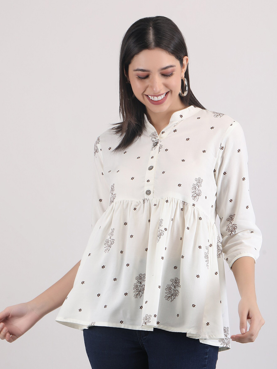 

MANKSH Floral Printed Mandarin Collar Top, White