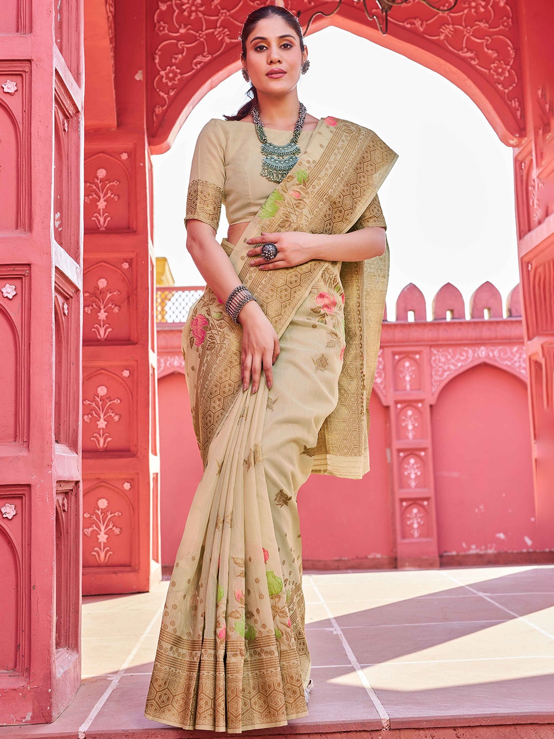 

SWORNOF Floral Woven Design Saree, Beige