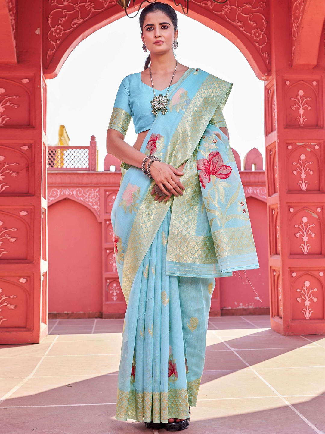 

SWORNOF Floral Woven Design Saree, Blue