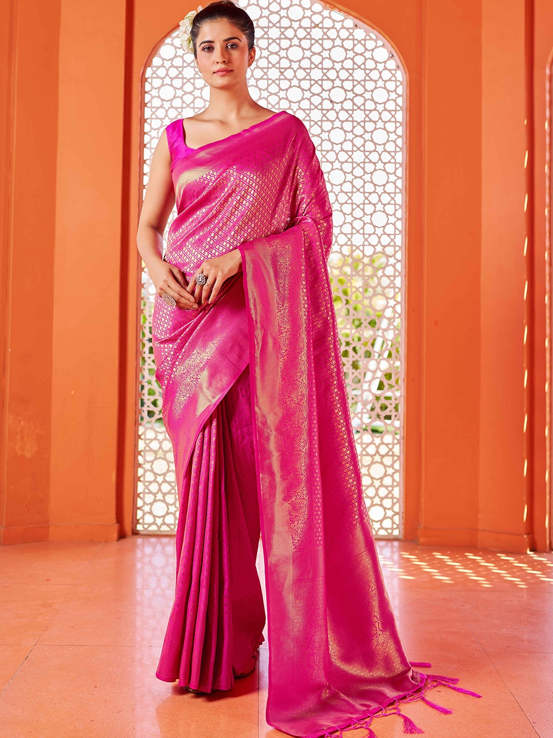 

SWORNOF Woven Design Zari Saree, Pink