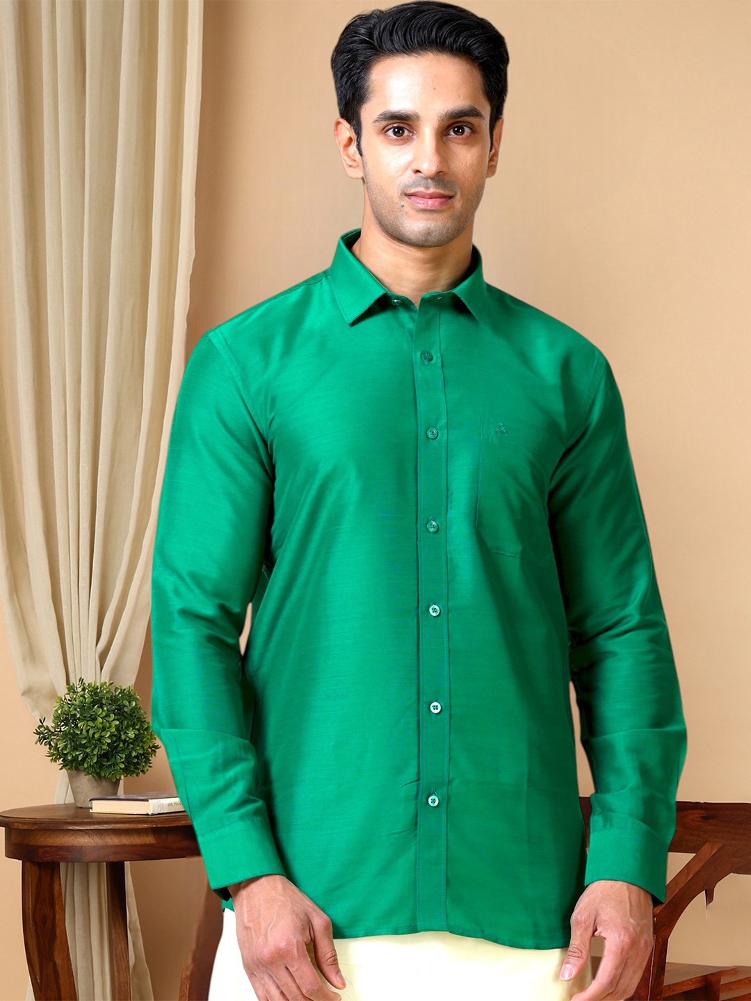 

TATTVA Classic Slim Fit Long Sleeves Ethnic Shirt, Green