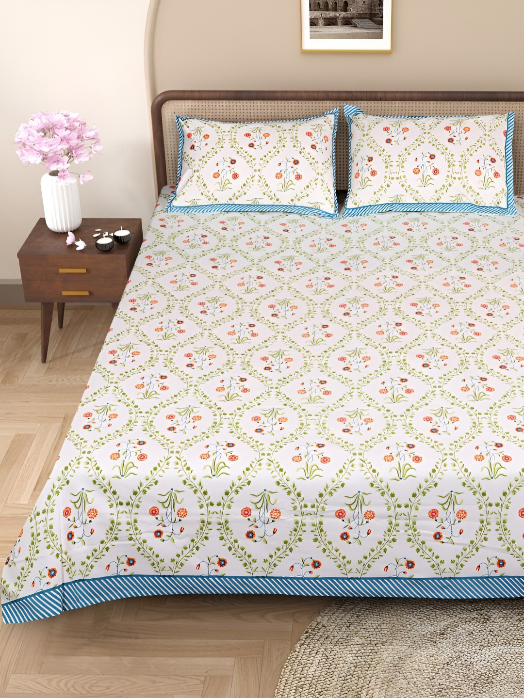 

ROMEE Green & Cream Ethnic Print 220 TC Pure Cotton King Bedsheet with 2 Pillow Covers