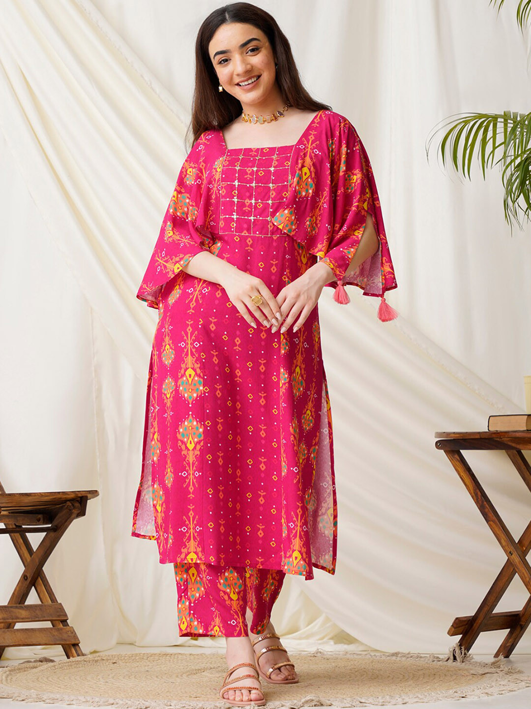 

Rustorange Ethnic Motifs Printed Straight Beads and Stones Square Neck Kurta With Trousers, Pink