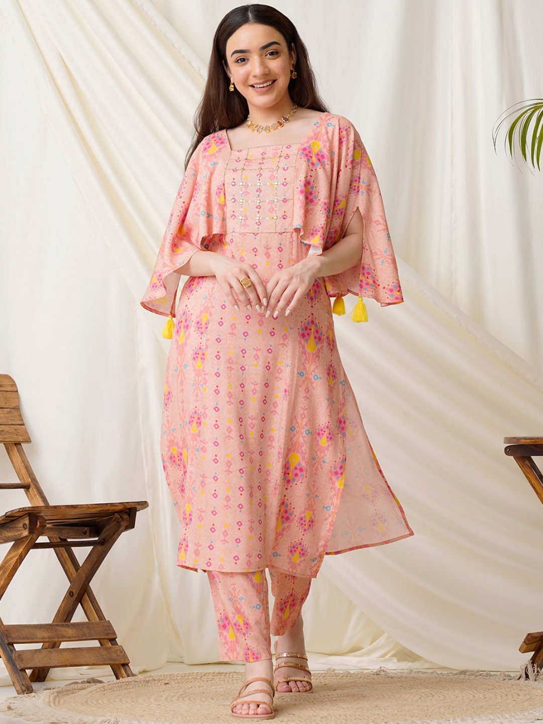 

Rustorange Ethnic Motifs Printed Straight Mirror Work Square Neck Kurta With Trousers, Peach