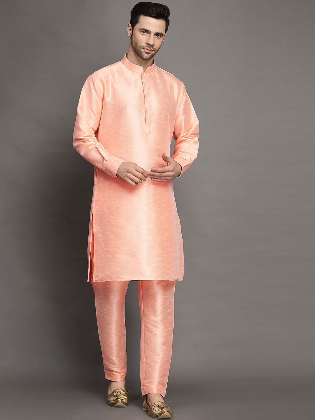 Utsav Fashion Mandarin Collar Long Sleeves Straight Kurta with Trouser, Peach