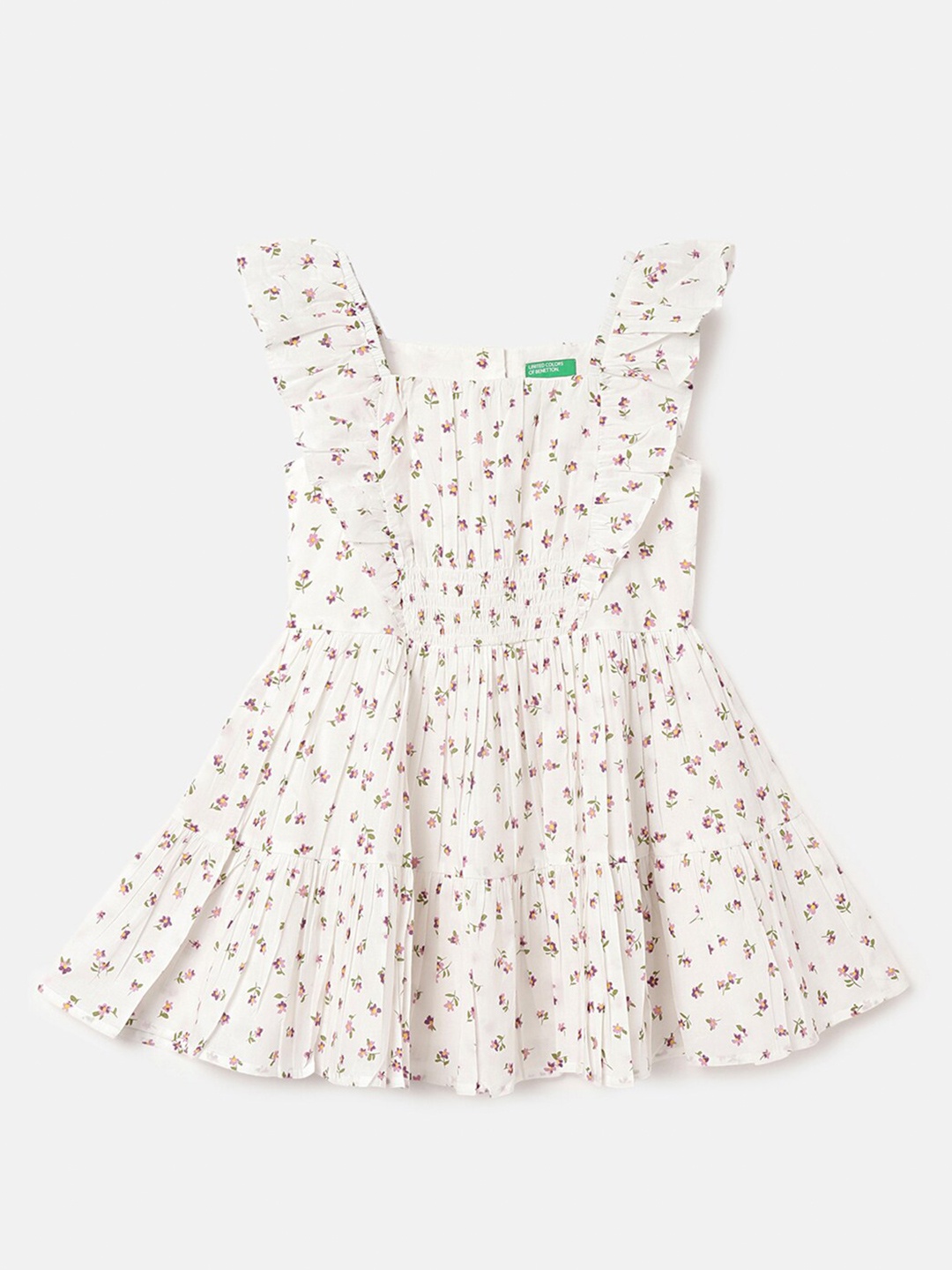 

United Colors of Benetton Girls Floral Printed Pure Cotton Fit & Flare Dress, White
