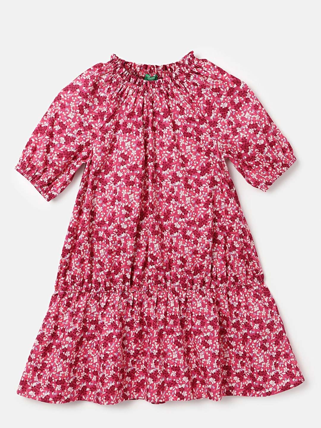 

United Colors of Benetton Girls Floral Printed Puffed Sleeves Fit and Flare Dress, Red