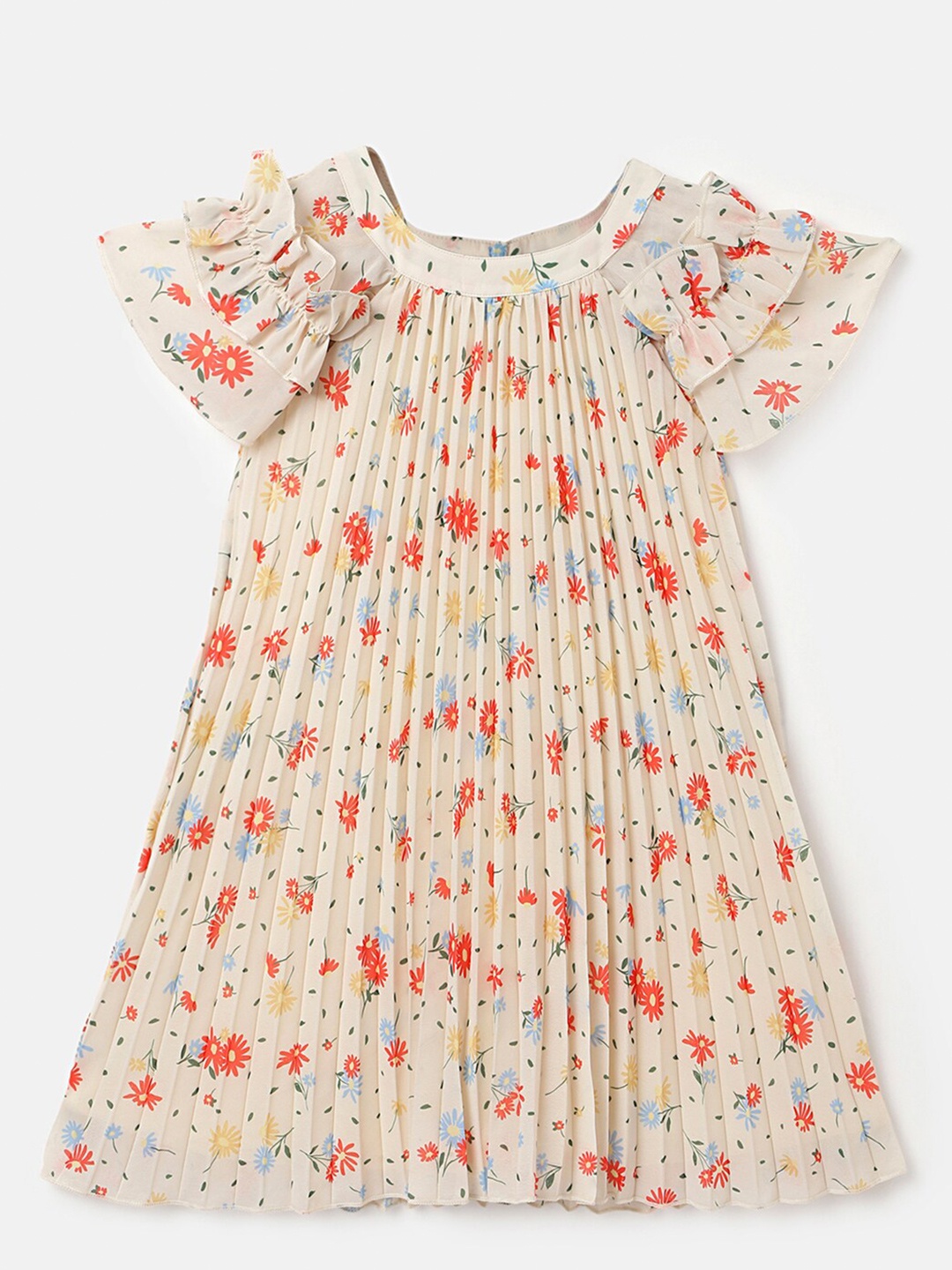 

United Colors of Benetton Girls Floral Printed Flared Sleeves A-Line Dress, Beige