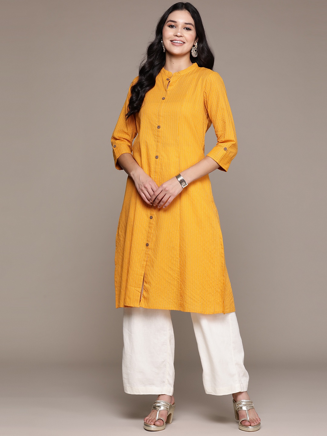 

Readiprint Women Woven Design Kantha Work A-Line Kurta, Mustard