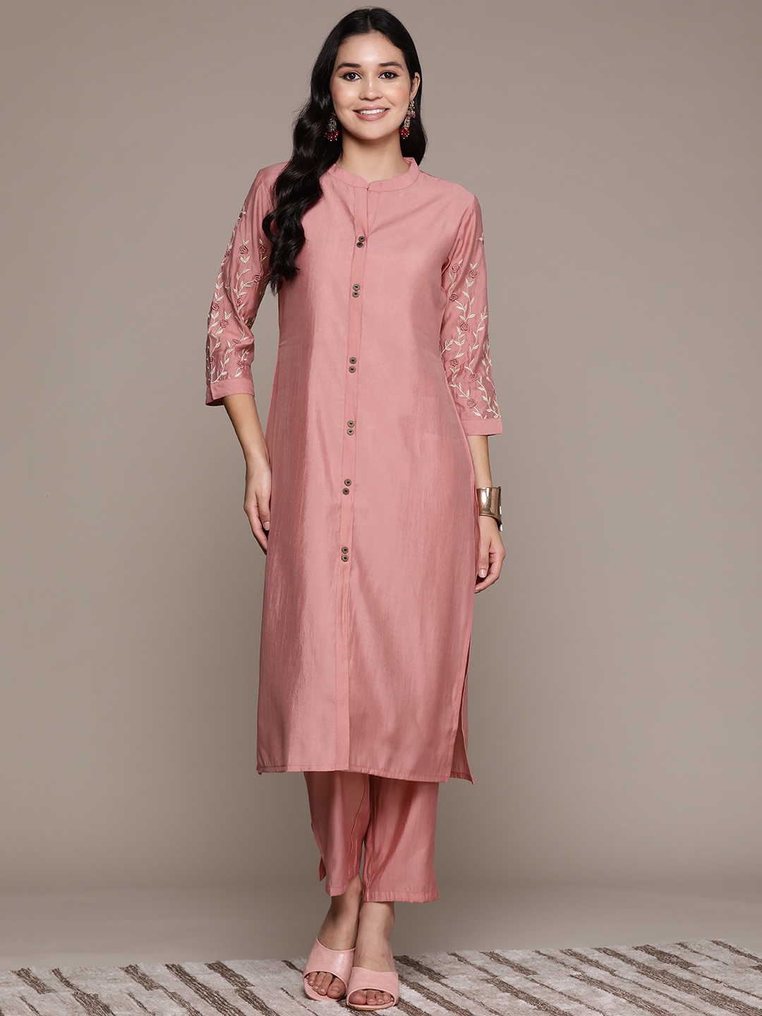 

Readiprint Women Floral Embroidered Thread Work Pure Silk Kurta with Palazzos, Peach