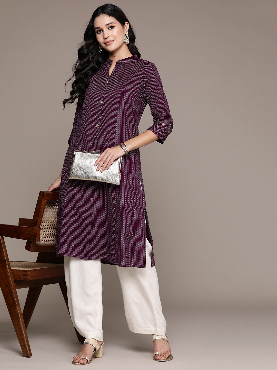 

Readiprint Fashions Women Woven Design Kantha Work A-Line Kurta, Violet