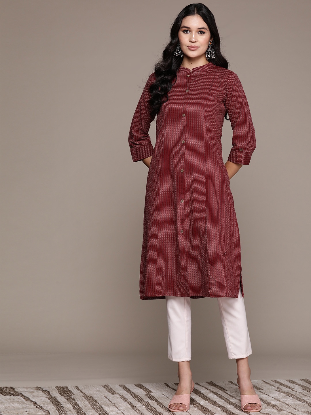 

Readiprint Fashions Women Woven Design Kantha Work A-Line Kurta, Maroon