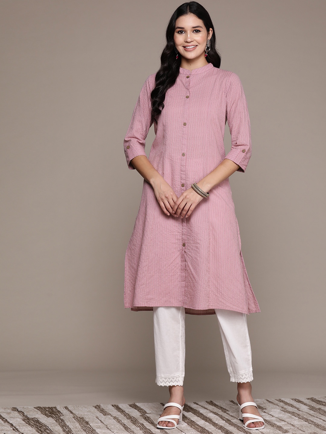 

Readiprint Women Woven Design Kantha Work A-Line Kurta, Mauve