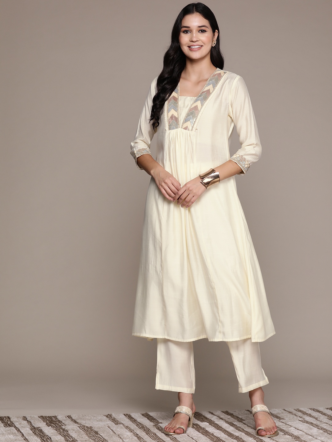 

Readiprint Women Yoke Design Pleated Sequinned Pure Silk Kurta with Palazzos, Cream