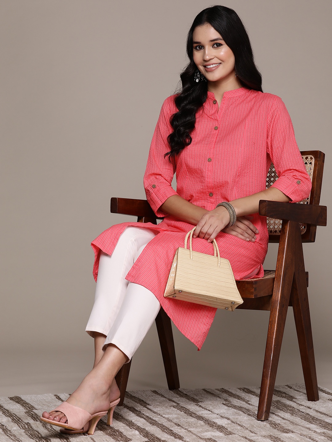 

Readiprint Women Woven Design Kantha Work A-Line Kurta, Pink