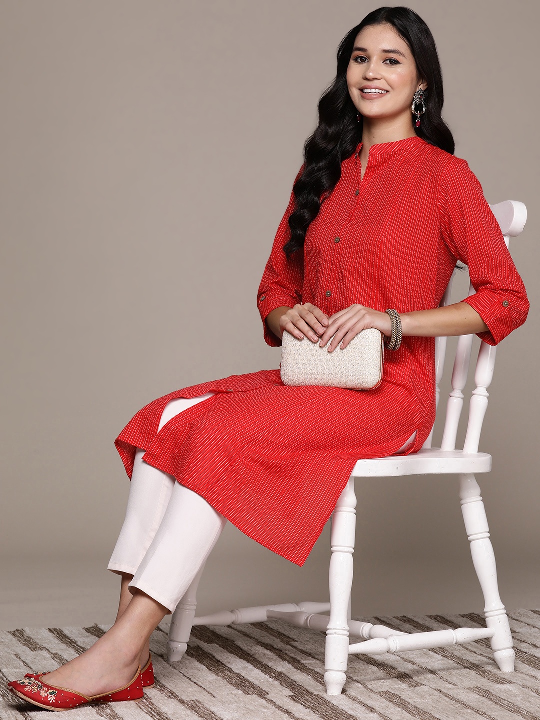 

Readiprint Women Woven Design Kantha Work A-Line Kurta, Red