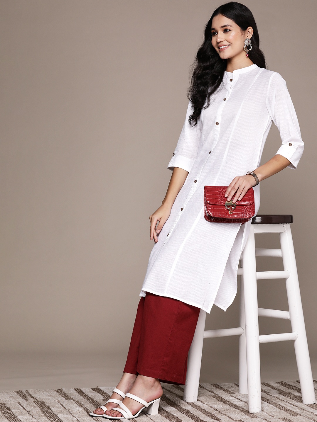 

Readiprint Women Woven Design Kantha Work A-Line Kurta, White