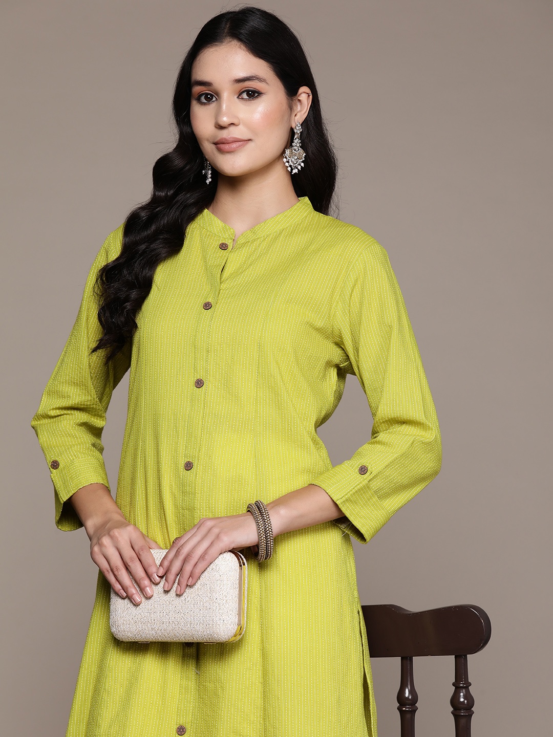 

Readiprint Fashions Women Woven Design Kantha Work A-Line Kurta, Lime green