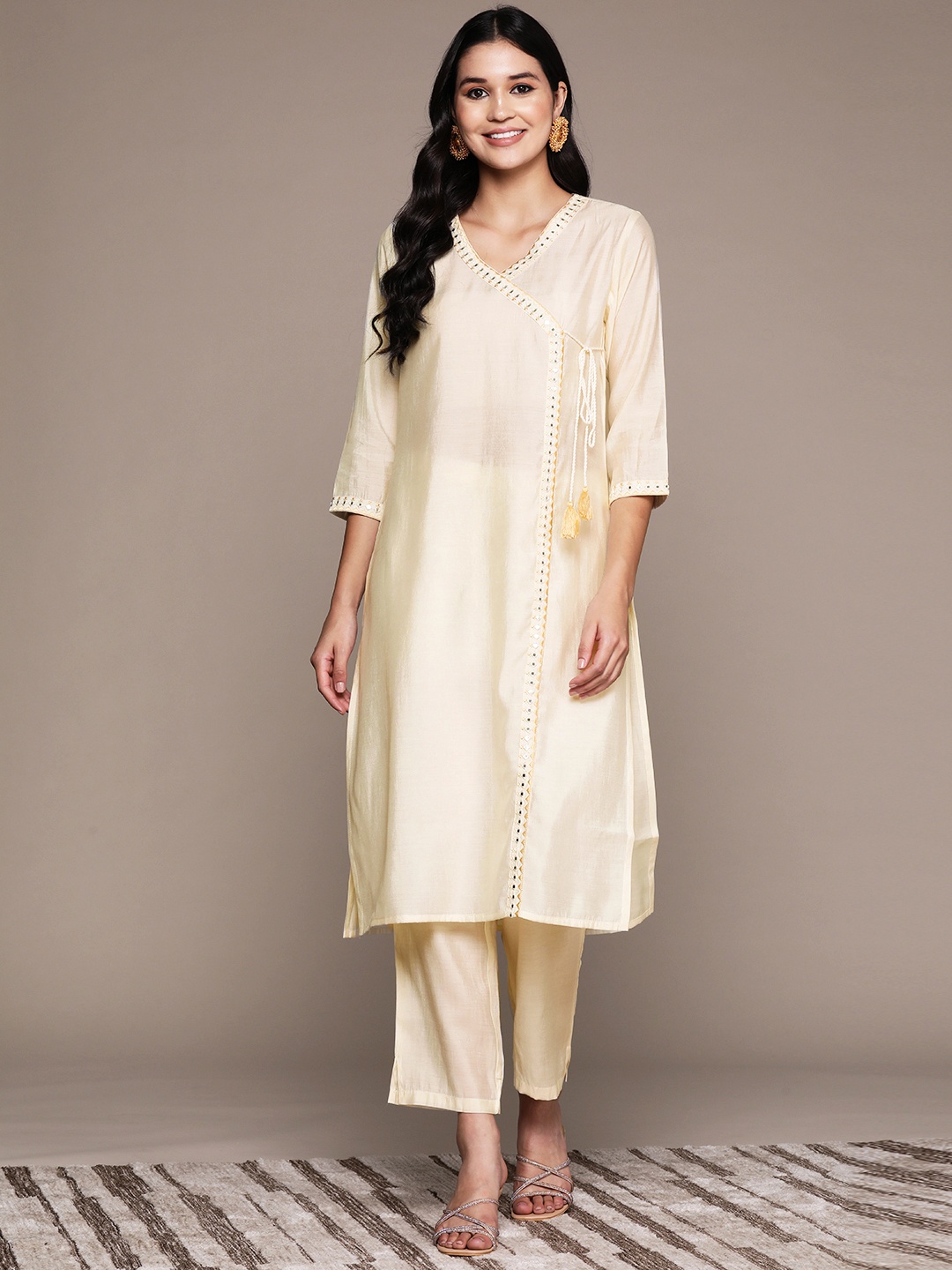 

Readiprint Women Angrakha Mirror Work Pure Silk Kurta with Palazzos, Cream
