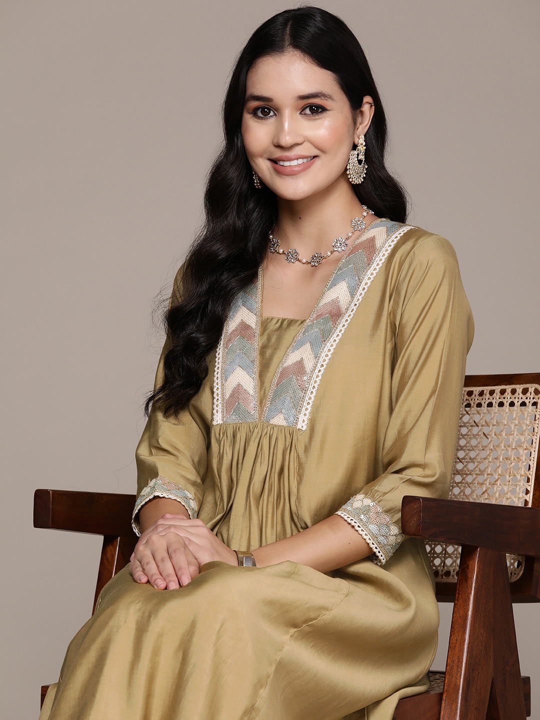 

Readiprint Women Yoke Design Pleated Sequinned Pure Silk Kurta with Palazzos, Khaki