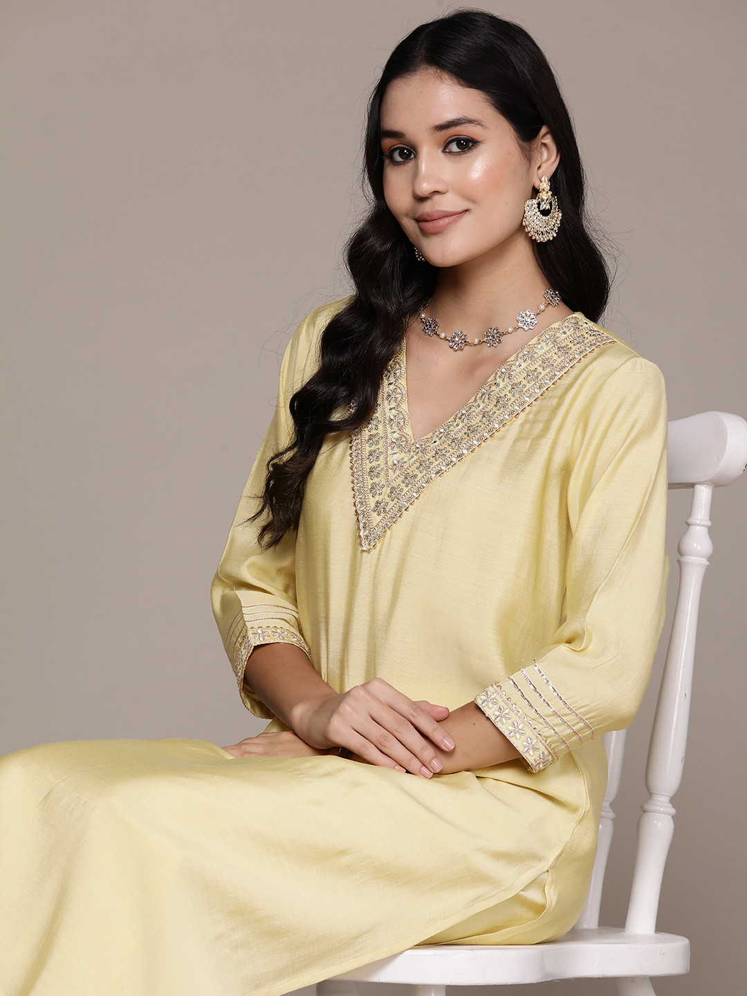

Readiprint Women Yoke Design Regular Pure Silk Kurta with Palazzos, Yellow