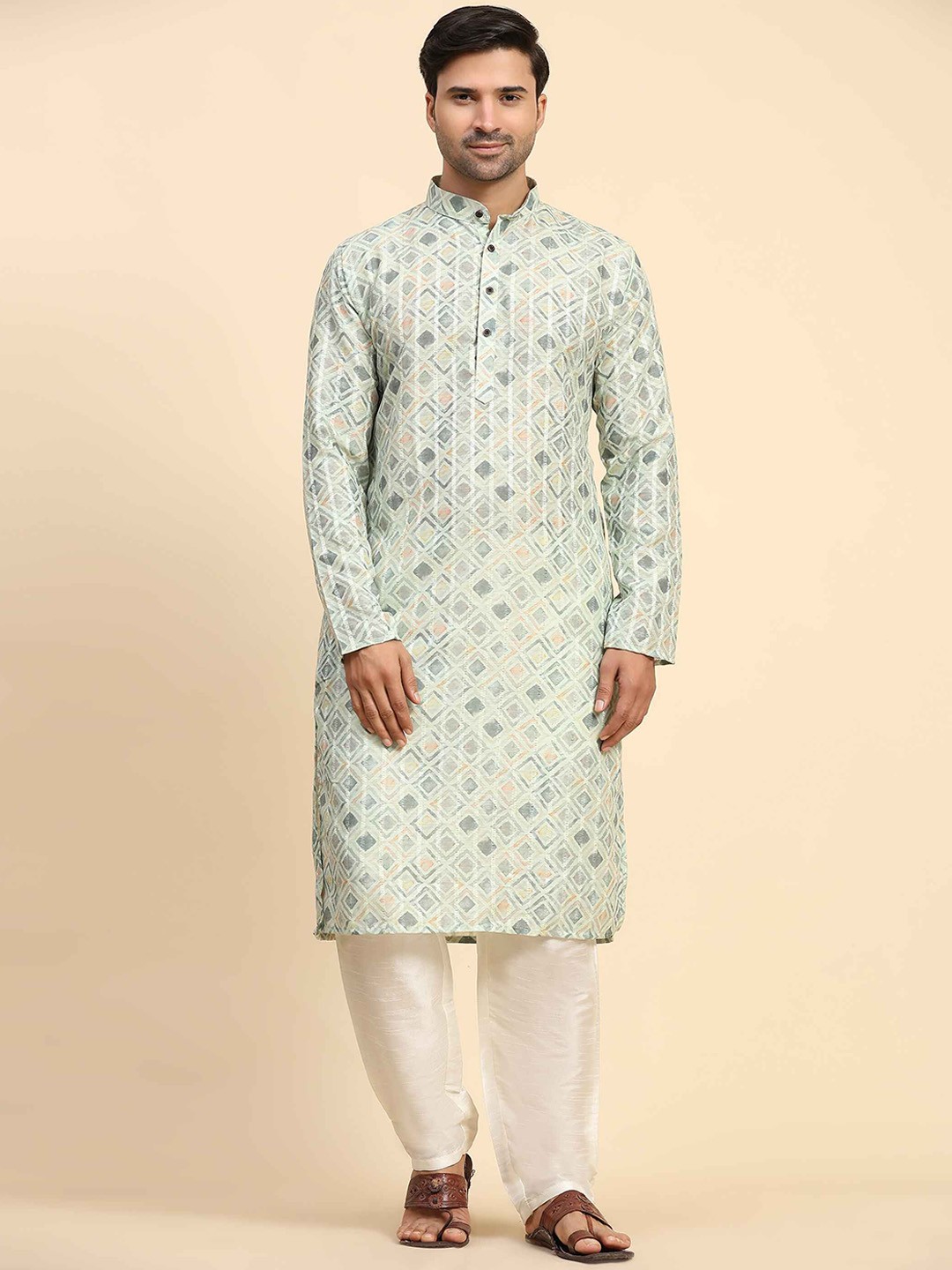 

Koshin Geometric Printed Straight Cotton Silk Kurta, Green