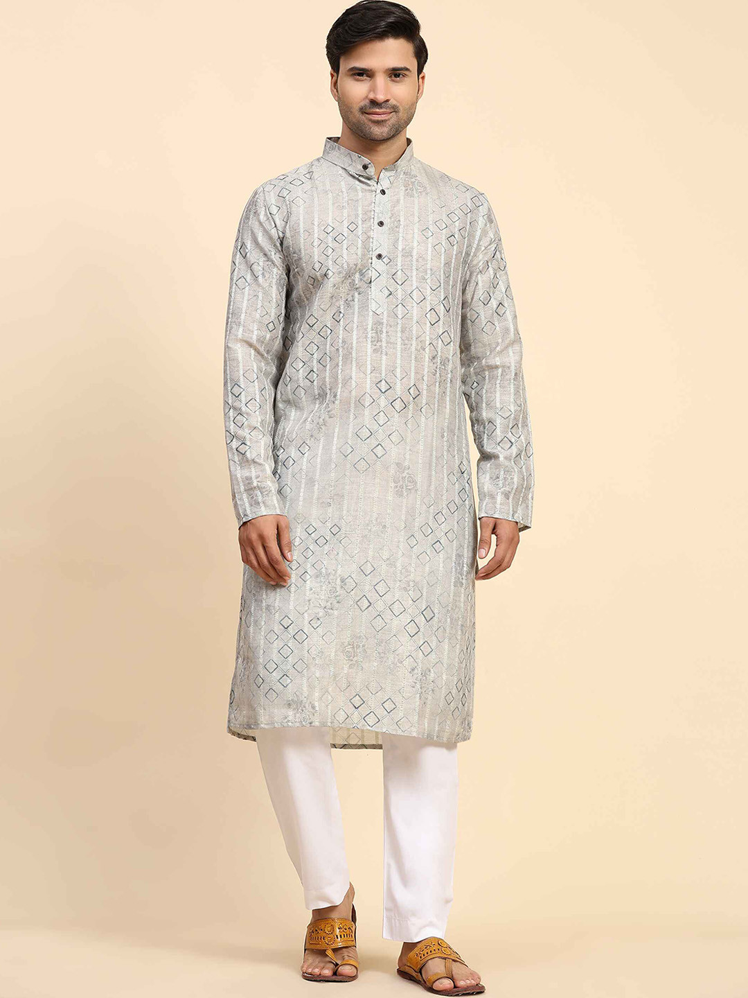 

Koshin Geometric Printed Jacquard Straight Kurta, Grey