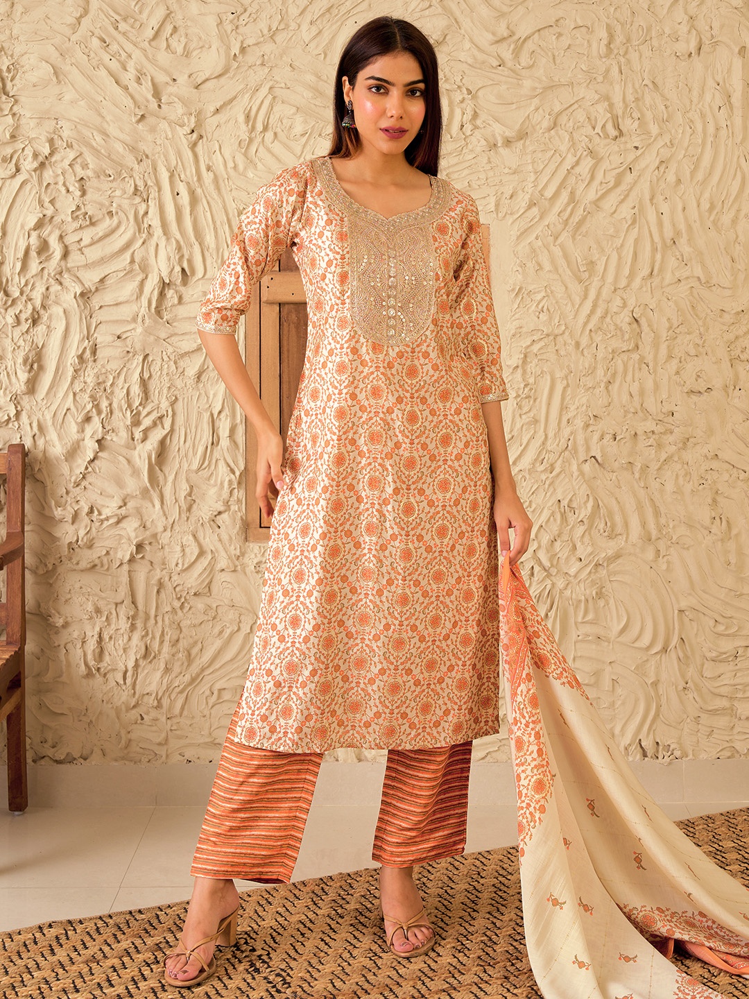 

Libas Women Floral Printed Regular Sequinned Kurta with Palazzos & With Dupatta, Beige