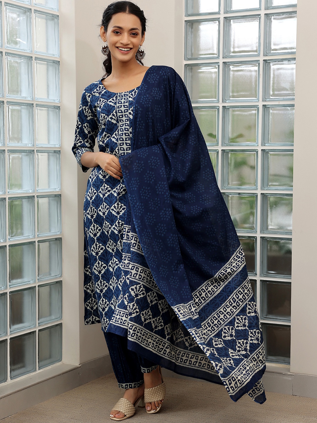 

Libas Ethnic Motifs Printed Straight Pure Cotton Kurta with Salwar & Dupatta, Blue