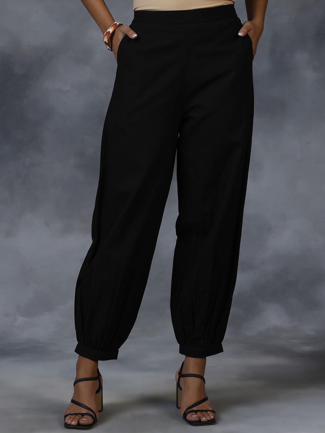 

Libas Women Straight Fit Mid Rise Pleated Pure Cotton Salwar, Black