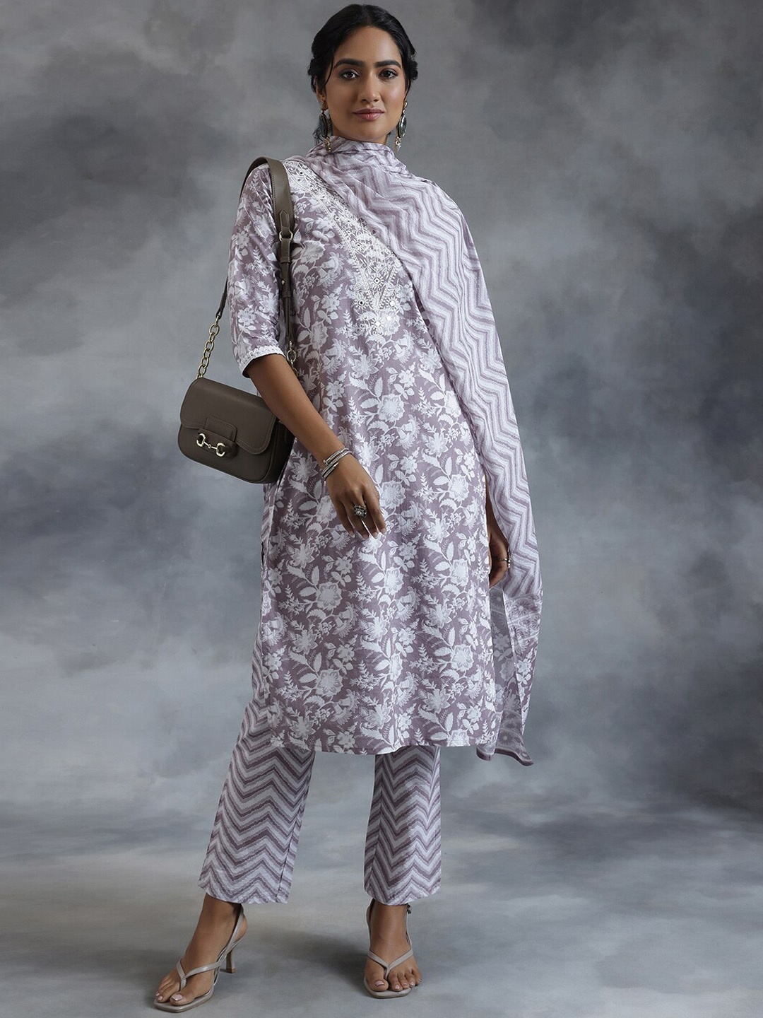 

Libas Ethnic Motifs Printed Straight Mirror Work Pure Cotton Kurta with Trousers & Dupatta, Grey