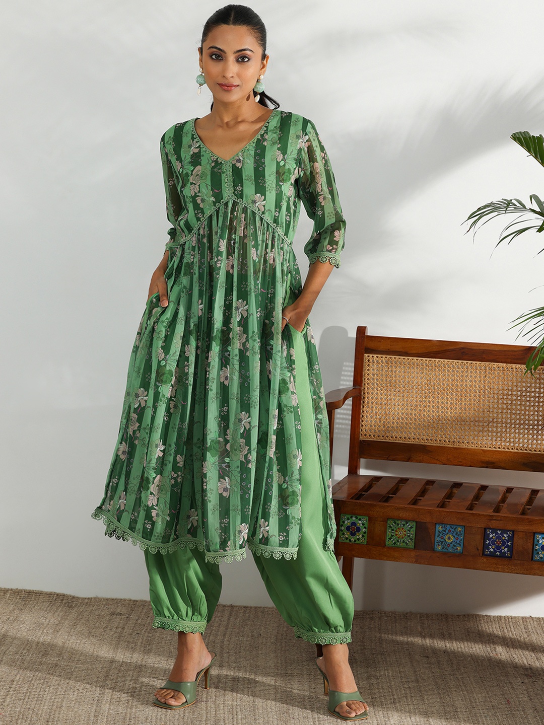 

Libas Floral Printed Empire Kurta with Salwar, Green