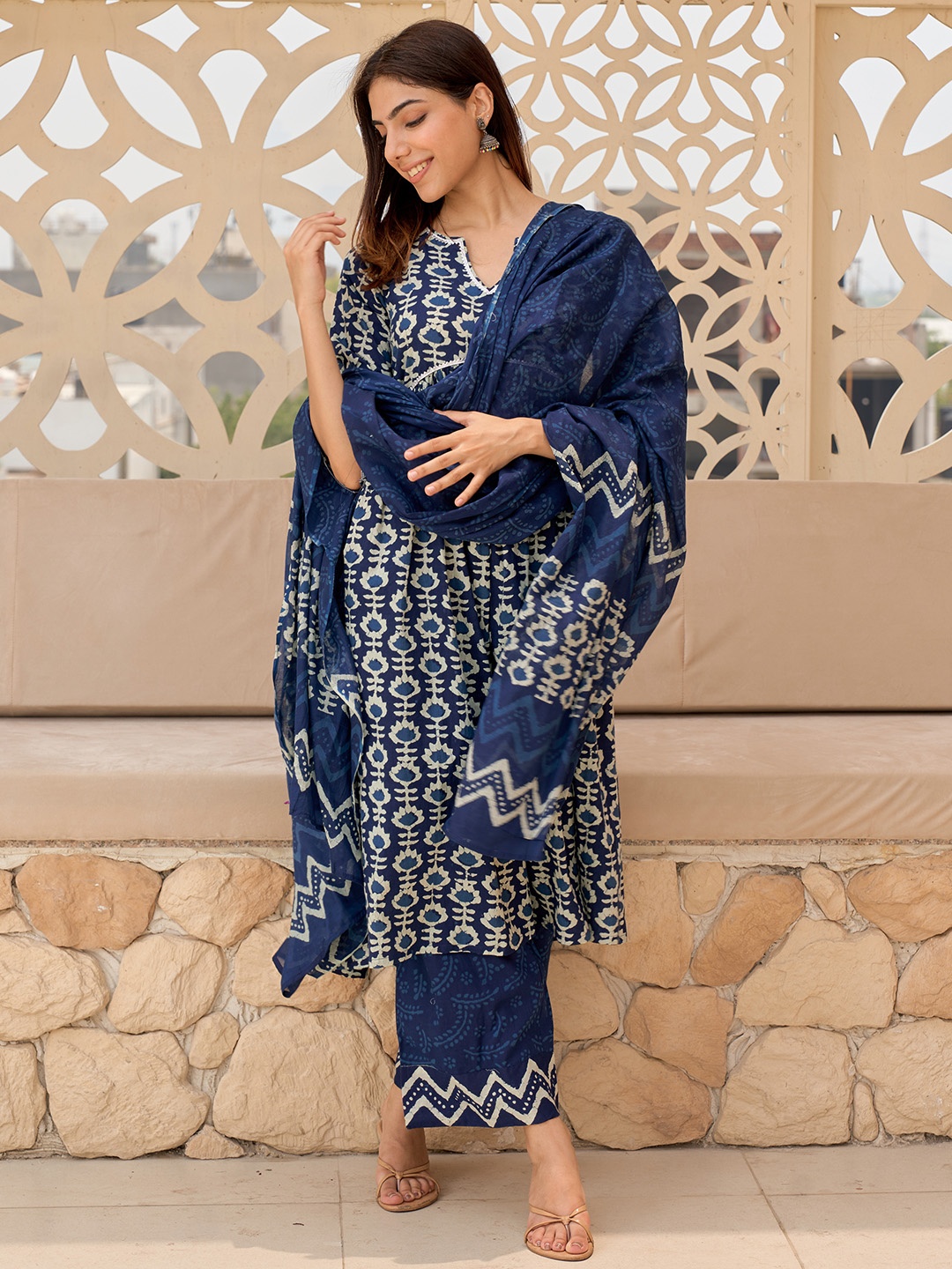 

Libas Floral Printed Regular Gotta Patti Pure Cotton Kurta With Palazzos & Dupatta, Blue