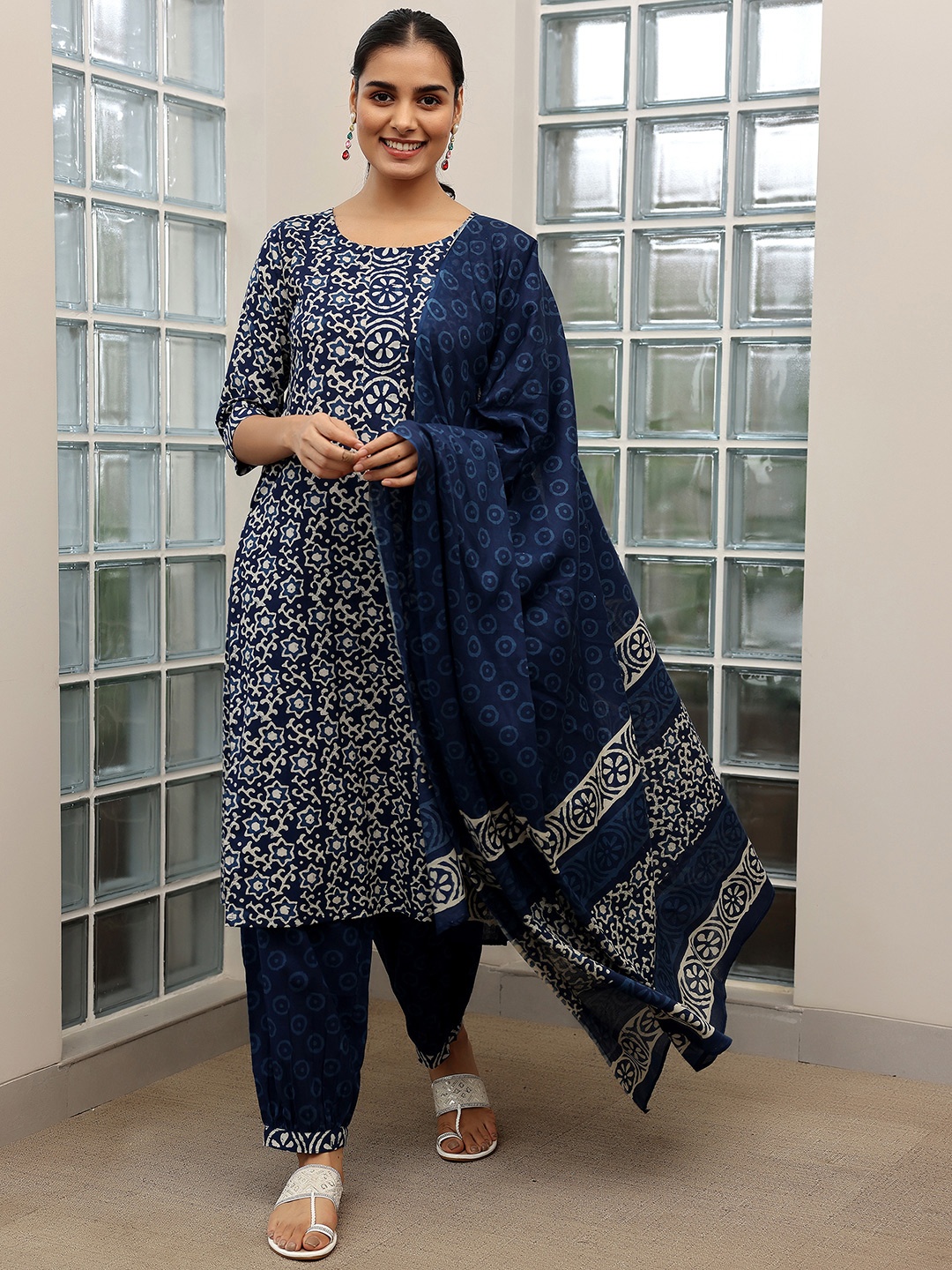 

Libas Ethnic Motifs Printed Straight Pure Cotton Kurta with Salwar & Dupatta, Blue