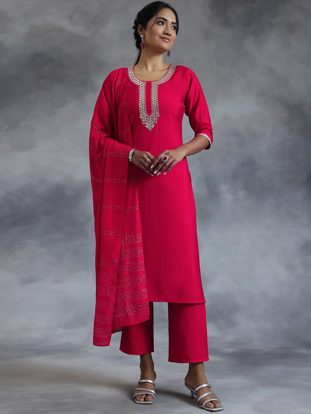 

Libas Floral Yoke Designed Straight Mirror Work Kurta with Trousers & Dupatta, Pink