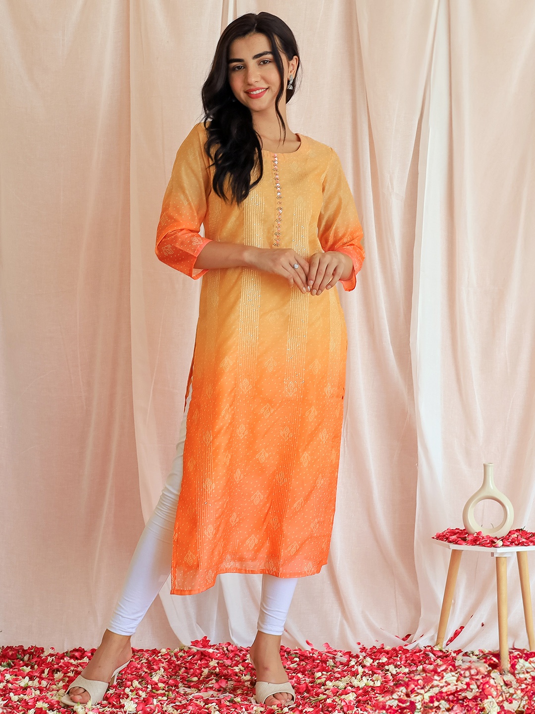 

Libas Bandhani Printed Thread Work Chanderi Silk Kurta, Peach