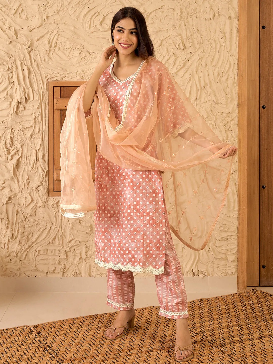 

Libas Bandhani Embroidered V-Neck Regular Sequinned Kurta With Trousers & Dupatta, Rust