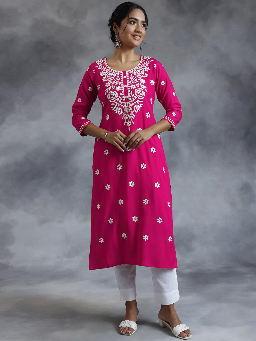 

Libas Floral Embroidered Straight Kurta, Pink