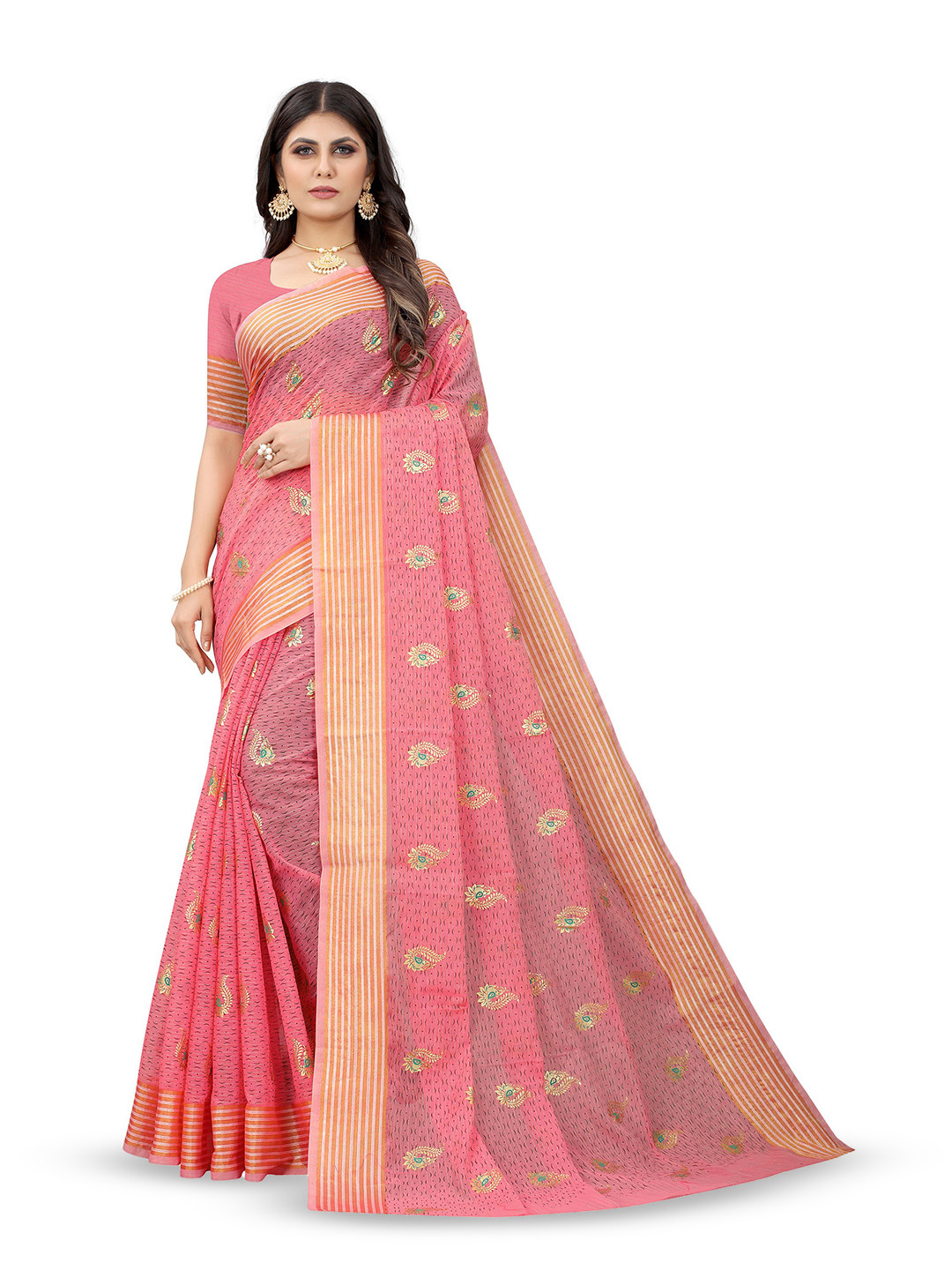 

V3 FASHION STUDIO Floral Pure Cotton Handloom Banarasi Zari Saree, Pink