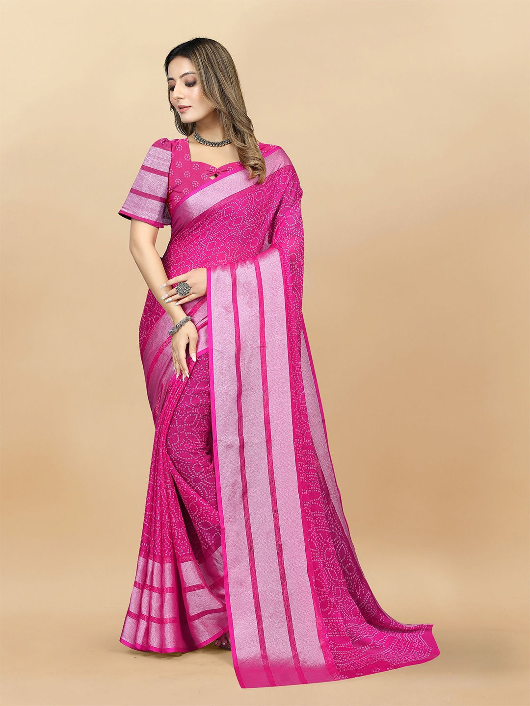 

V3 FASHION STUDIO Bandhani Pure Chiffon Handloom Banarasi Zari Saree, Pink