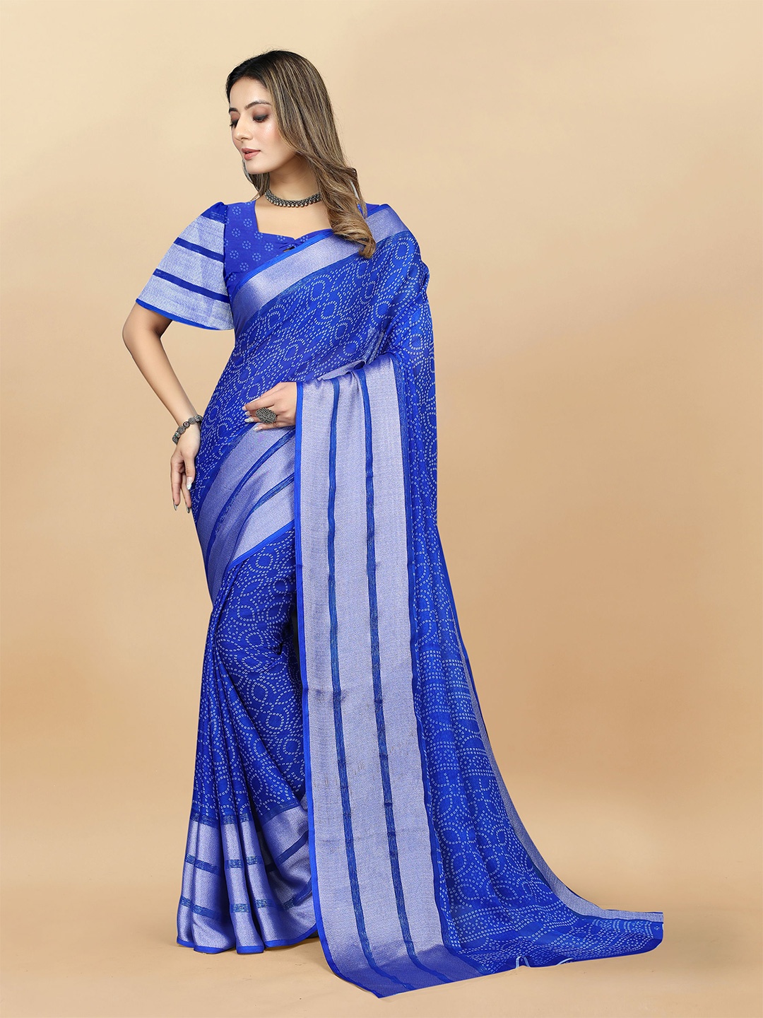 

V3 FASHION STUDIO Bandhani Pure Chiffon Banarasi Zari Saree, Red