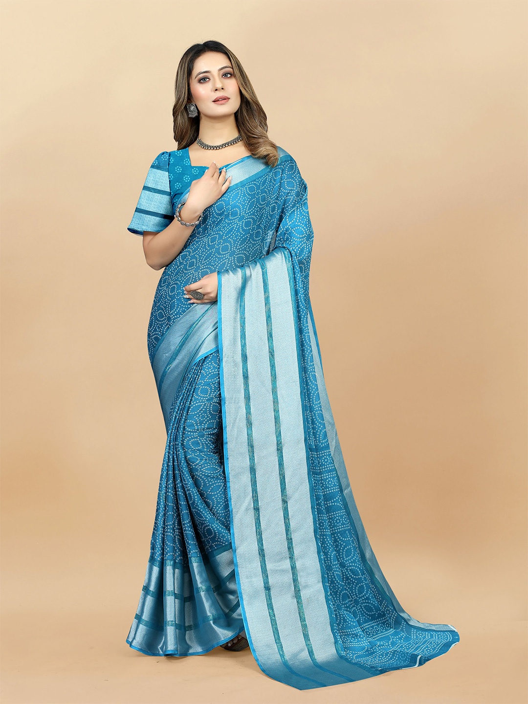 

V3 FASHION STUDIO Bandhani Pure Chiffon Handloom Banarasi Zari Saree, Blue