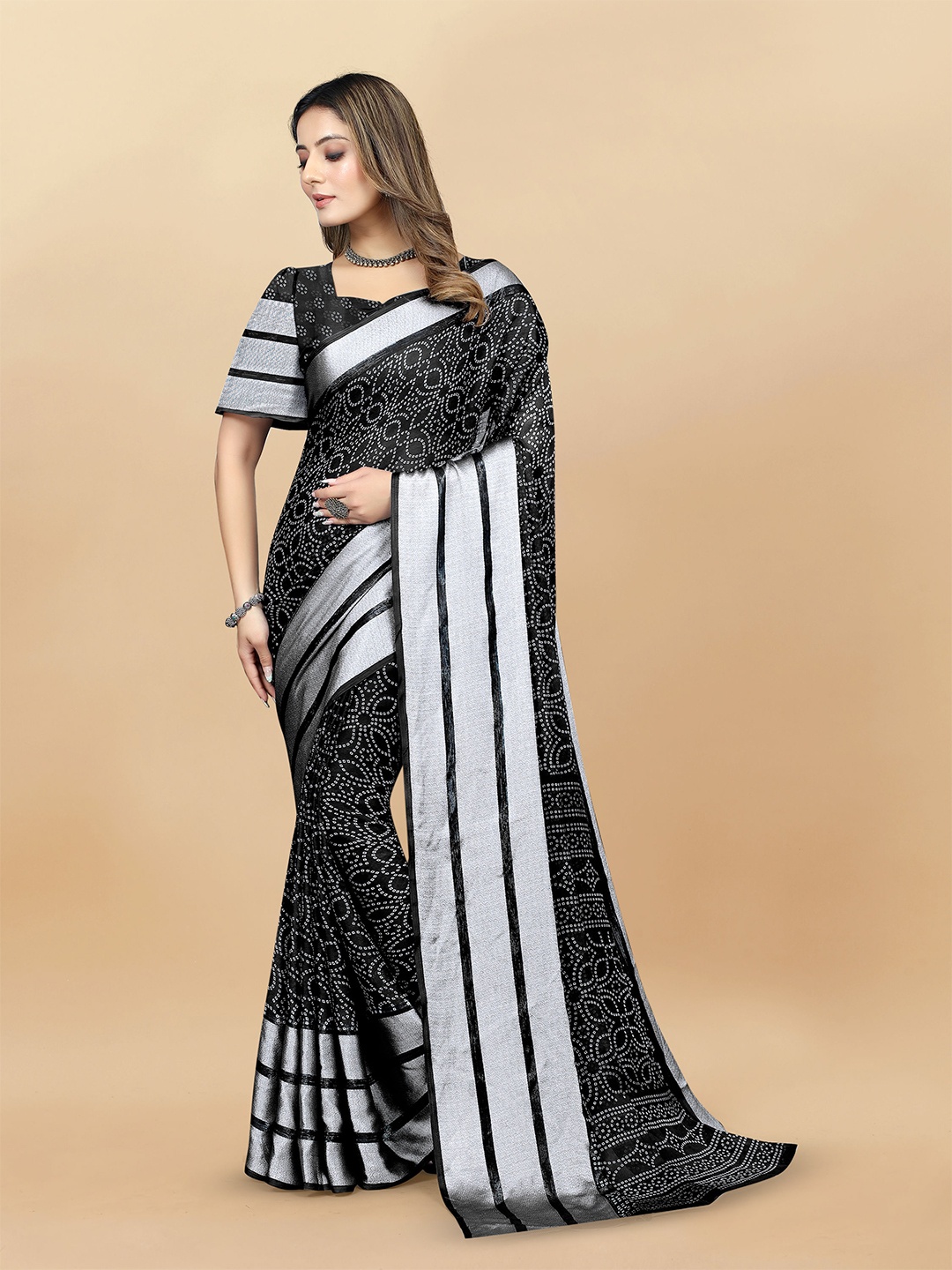 

V3 FASHION STUDIO Bandhani Pure Chiffon Banarasi Saree, Black