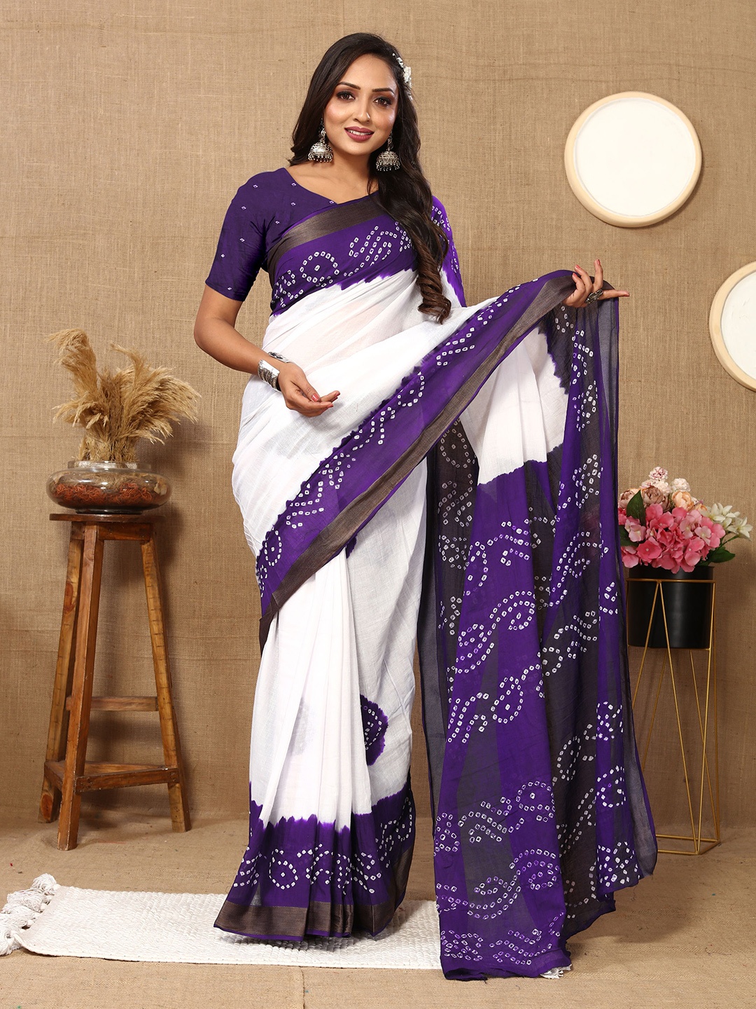 

V3 FASHION STUDIO Bandhani Pure Cotton Saree, Violet