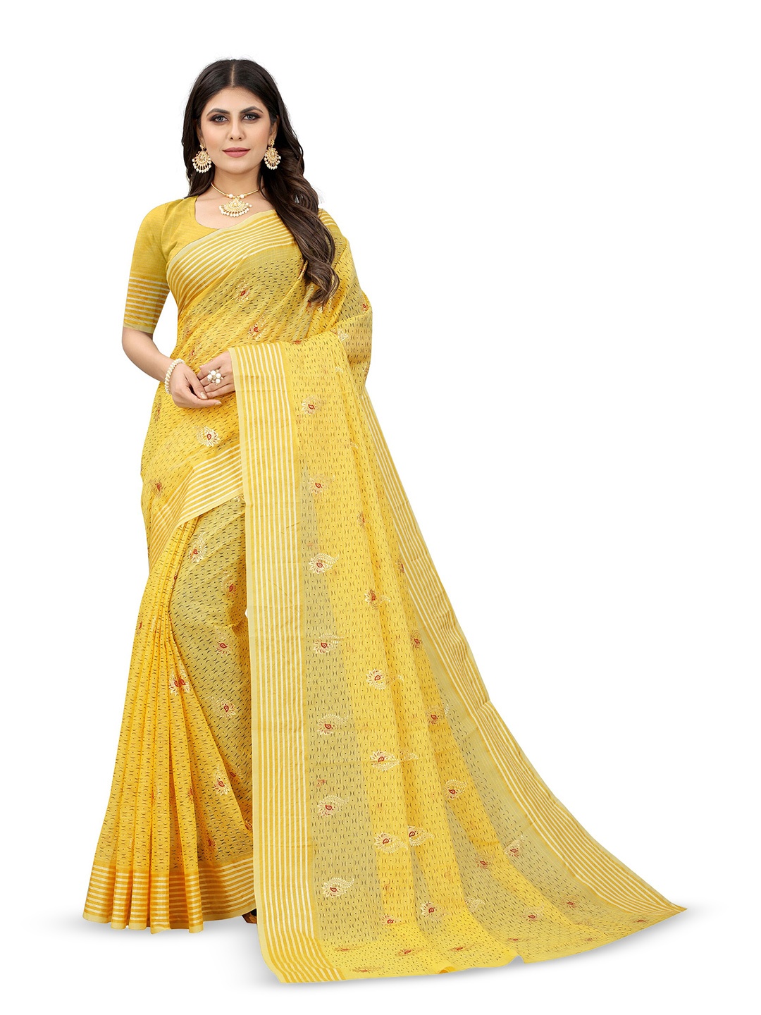 

V3 FASHION STUDIO Floral Pure Cotton Handloom Banarasi Zari Saree, Yellow