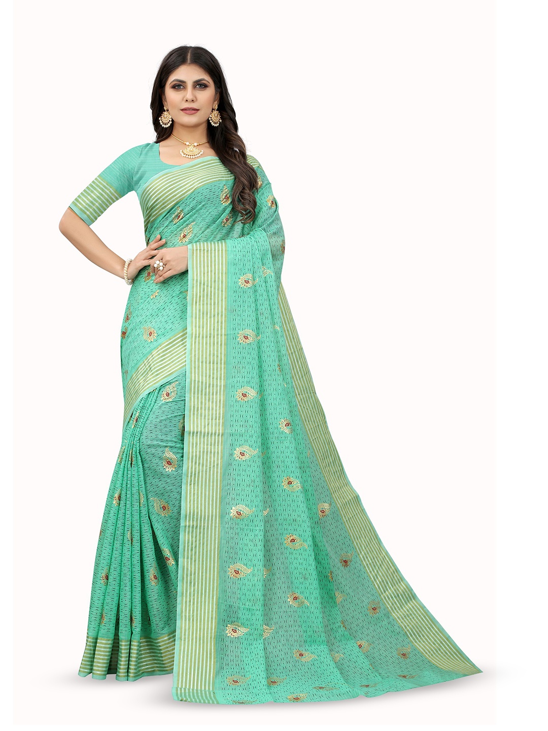 

V3 FASHION STUDIO Ethnic Motifs Pure Cotton Banarasi Saree, Green