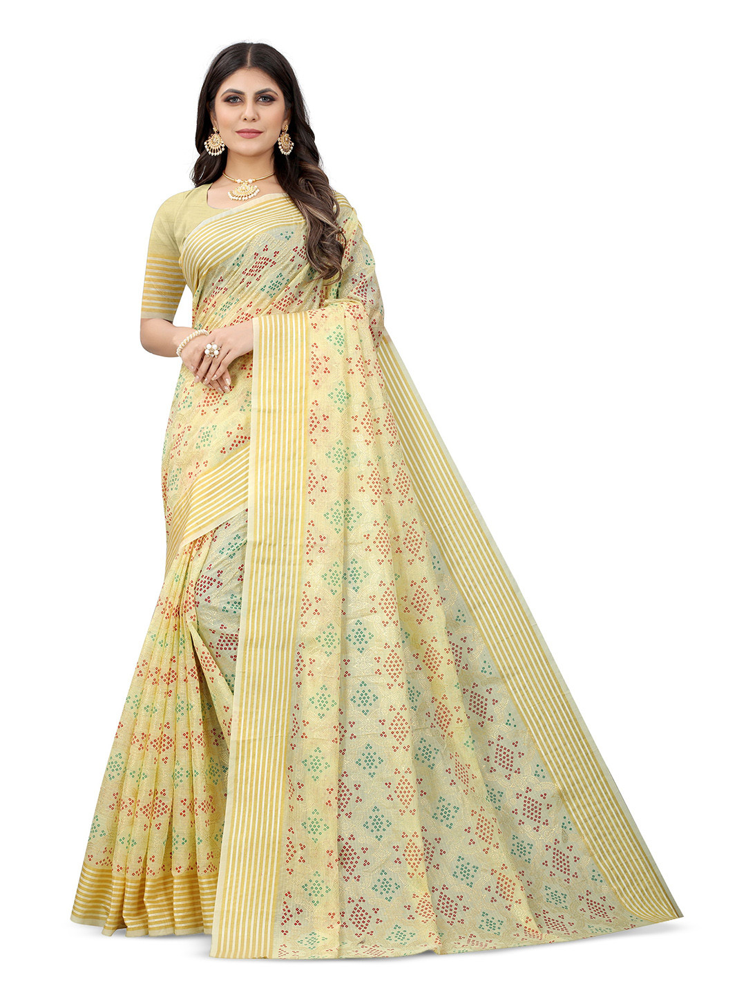

V3 FASHION STUDIO Floral Zari Cotton Banarasi Saree, Cream