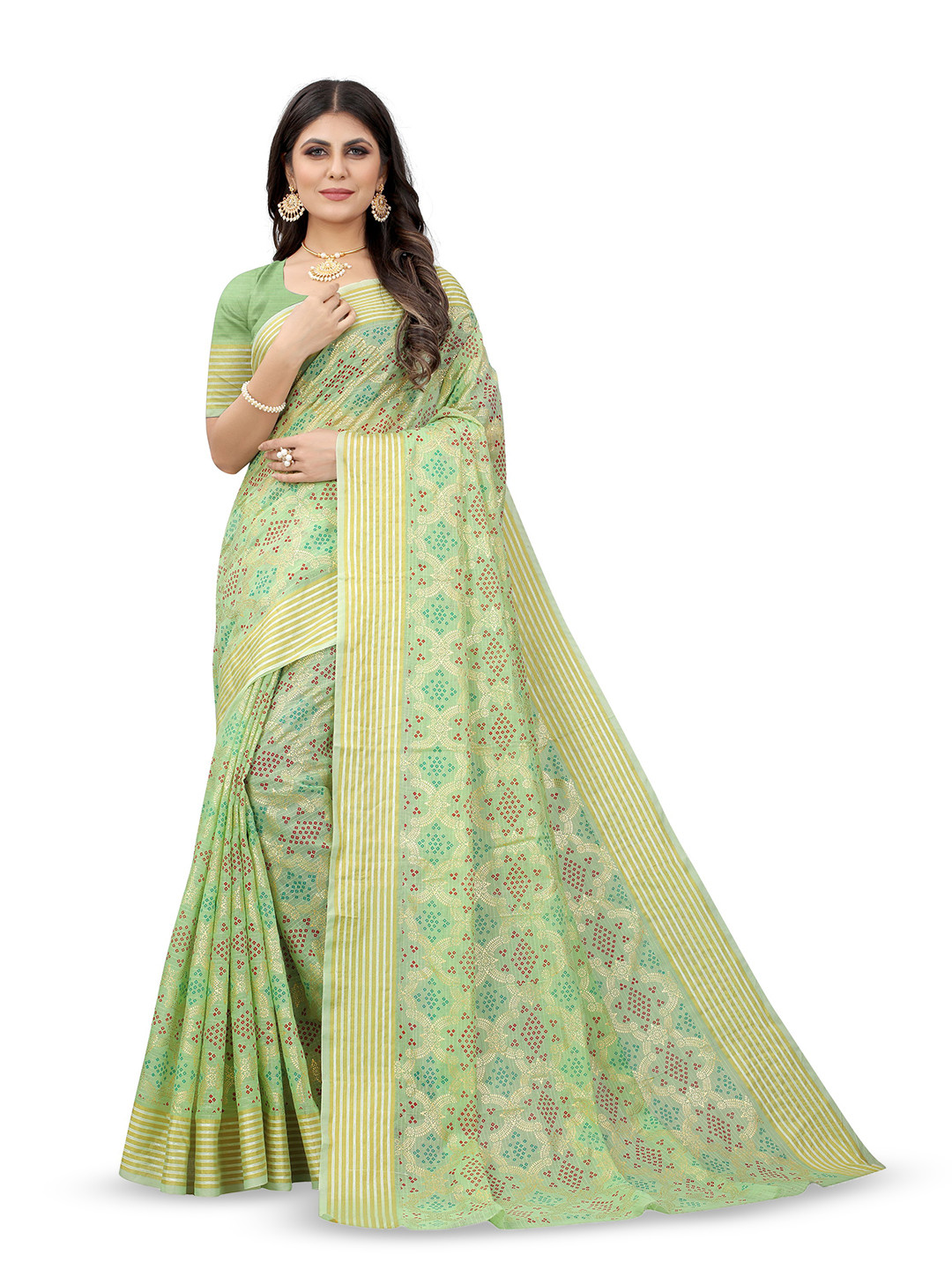 

V3 FASHION STUDIO Floral Zari Cotton Banarasi Saree, Green